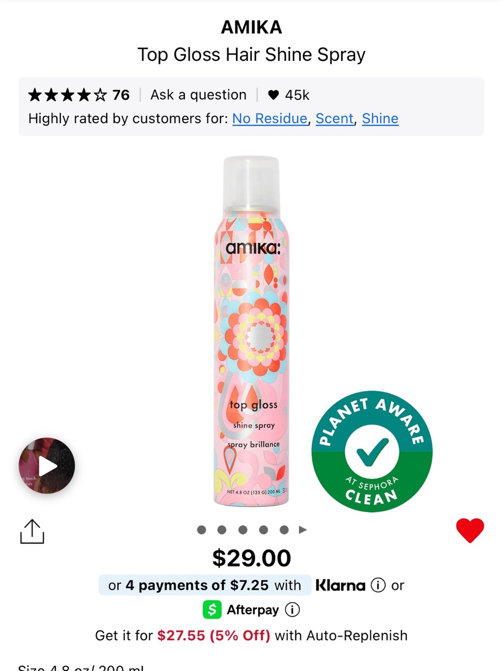 AMIKA Top Gloss Hair Shine Spray FULL BOTTLE 200 mL